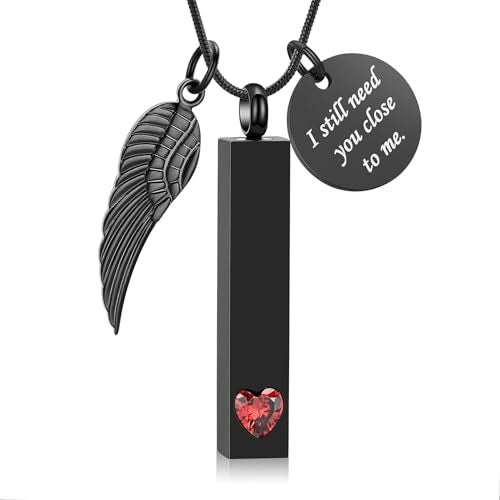 zeqingjw Cremation Jewelry for Ashes for Men Women with Angel Wing Charm Vertical Bar Urn Necklaces for Ashes Keepsake Loved Ones Memorial Vial Pendant - color: Z-Black Red