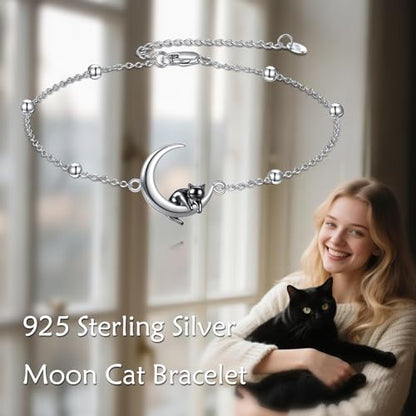 AOBOCO 925 Sterling Silver Cute Cat Kitty Bracelet Adjustable Link Chain, Cat Jewelry Gifts for Cat Lovers 7-9 inches - style: G-Cat&Moon
