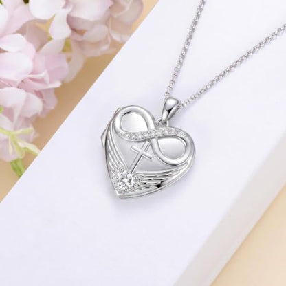 Heart Locket Necklace 925 Sterling Silver Personalized Picture Locket Pendant Birthday Christmas Jewelry Memorial Gifts for Women - color: Angel Wings