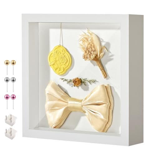 11x11 Shadow Box Frame with Shatterproof Clear Glass & Push Pins | With Linen Back and Stand, Deep 1.2" White Shadow Box Display Case – Display on Tabletop or Wall for Photo, Flower, Keepsakes - color: White+foam Back+foam Packaging, size: 11x11
