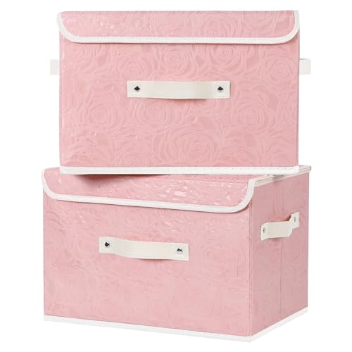 ANMINY Fabric Storage Box Bins with Lids, Rose Print, Pink, 2PCS Large | Keepsake Memory Storage, Nonwoven Fabric, PP Board Frame, Washable, PU Handles, Foldable Stackable, Decorative, 15"x10"x10" - size: Large (Pack of 2)