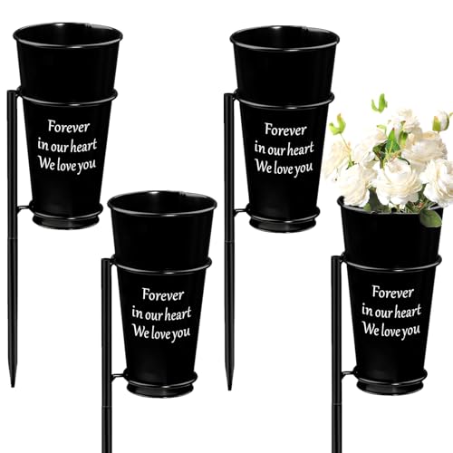 4 Pack Metal Cemetery Vases Flower Holder with Spikes In Ground Cemetery Vase Grave Decoration Grave Flowers Holder for Cemetery Headstone
