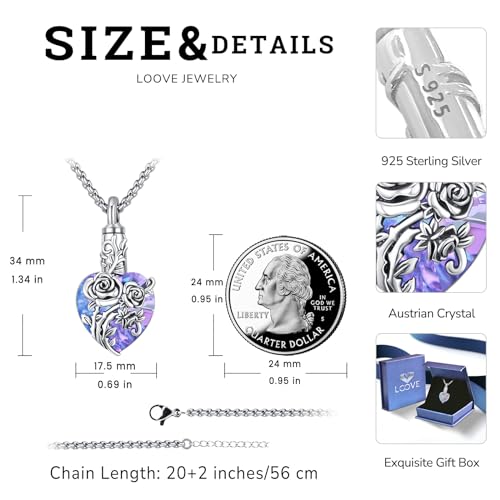 Urn Necklace for Ashes for Women/Men 925 Sterling Silver Cremation Jewelry w/Funnel Filler Memorial Jewelry Gifts - color: A-Rose (Purple Crystal), style: Non - Customized