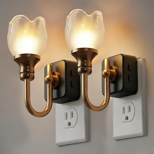 L LOHAS LED Night Lights Plug into Wall | RGB Floral Night Lights with Dusk to Dawn Sensor, 0-100lm Adjustable Brightness, for Hallway Bedroom Stairway - color: Gold Ring-Tulip-RGB, size: 2 Pack