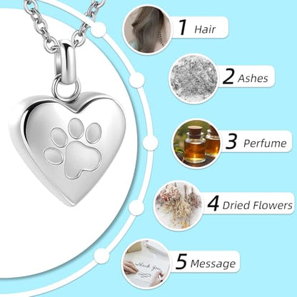 Pet Heart Cremation Jewelry For Ashes For Dog/Cat Paw Stainless Steel Memorial Locket Urn Necklace Paw Print Pet Heart Urn Necklace Memorial Keepsake Jewelry Ashes