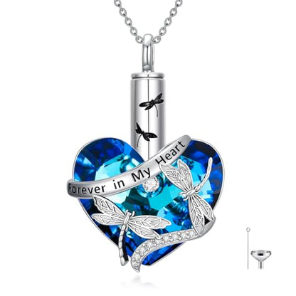 Urn Necklace for Women Sterling Silver Meaningful Memorial Jewelry | Paw Print/Butterfly/Dragonfly/Bird/Dolphin/Mountain/Tree of Life Urn Necklace for Ashes Cremation Keepsake Jewelry for Women - style: Heart-Dragonfly