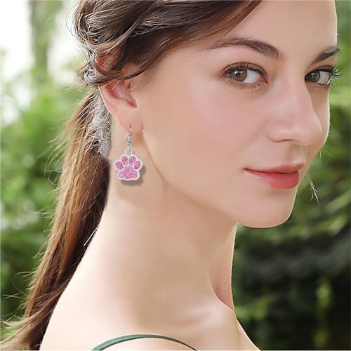 Dreuyet Paw Necklace and Earrings Set for Women Glitter Cute Dog Cat Pet Paw Print Pendant Necklace Earrings Lovely Animal Charm Jewelry Set Gifts - color: Silver Pink