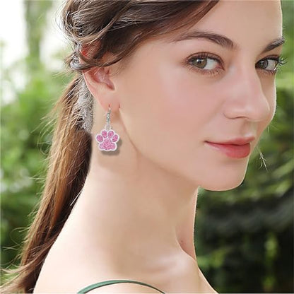 Dreuyet Paw Necklace and Earrings Set for Women Glitter Cute Dog Cat Pet Paw Print Pendant Necklace Earrings Lovely Animal Charm Jewelry Set Gifts - color: Silver Pink