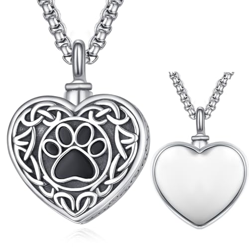 Pet Cremation Urn Necklace for Dog Cat Ashes 925 Sterling Silver Paw Print Keepsake Pendant Celtic Knot Memorial Jewelry for Women Men - style: 00C-Heart Urn-(Silver Personalized)