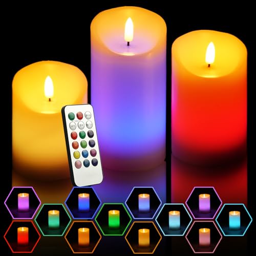 NICEME 3PCS LED Multi Colored Flameless Candles Battery Operated Flickering Flame Color Changing Candles with Remote Control Real Wax Electric Fake Candles, D3” x H4” 5" 6" - color: Ivory Glossy, size: D 3”×H 4”5”6”