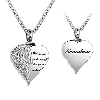 Angel Wing Heart Cremation Urn Necklace for Human Ashes Keepsake Memroial Jewelry God Has You in His Arms I Have you in My Heart - style: Silver-Grandma