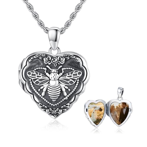 CUOKA MIRACLE Sterling Silver Animals Locket Necklace for Women Keepsake | That Holds Picture Personalized Customize Photo Locket Gift for Mom Grandma - style: 02-heart bee
