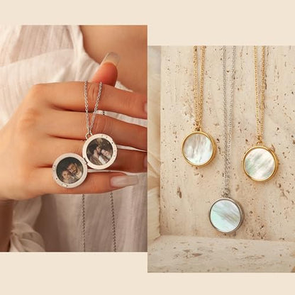 Anavia Personalized Photo Locket Necklace, Mother of Pearl Shell Handmade Custom Engraved Gold Plated Stainless Steel Pendant Necklace Jewelry Gift for Her Women Mother - color: Silver, size: Round
