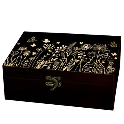 arricraft 1 Pc Wooden Memory Keepsake Box, Wildflower Cluster Butterflies Engraved Pattern Rectangle Pine Tarot Box for Anniversary Jewelry Board Storage (9.45x5.51x3.54 Inch)