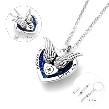 MeiceM Heart Crystal Urn Necklace for Ashes A Piece Of My Heart Lives In Heaven Cremation Jewelry Angel Wings Memorial Keepsake Pendant - color: white gold plated