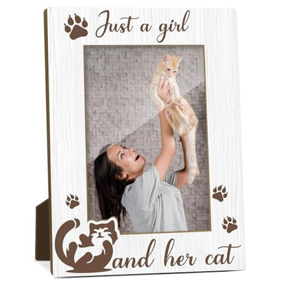 Just A Girl And Her Cat Picture Frame, Cat Memorial Photo Frame for Pet Lovers Friends, Cats Lover Gifts 4x6 Wooden Picture Frames, Home Bedroom Office Shelf Table Decor -028 - style: Just A Girl And Her Cat