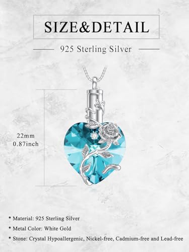 OCJ Heart Rose Flower Urn Necklace for Ashes Women Birthstone Cremation Necklaces Sterling Silver Memorial Cremation Jewelry Gifts - color: 03-March-Aquamarine