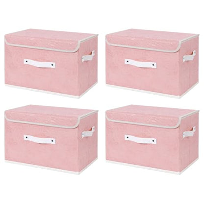 ANMINY Fabric Storage Box Bins with Lids, Rose Print, Pink, 4PCS Large | Keepsake Memory Storage, Nonwoven Fabric, PP Board Frame, Washable, PU Handles, Foldable Stackable, Decorative, 15"x10"x10" - size: Large (Pack of 4)