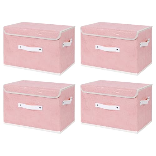 ANMINY Fabric Storage Box Bins with Lids, Rose Print, Pink, 4PCS Large | Keepsake Memory Storage, Nonwoven Fabric, PP Board Frame, Washable, PU Handles, Foldable Stackable, Decorative, 15"x10"x10" - size: Large (Pack of 4)
