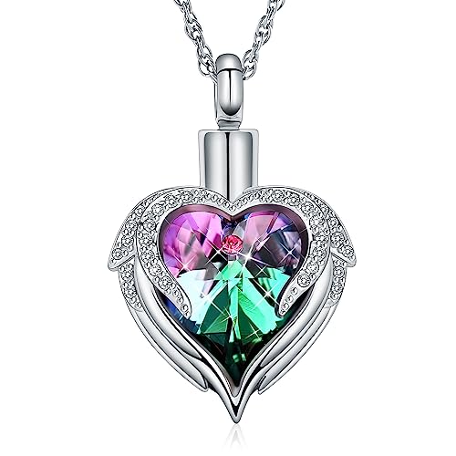 shajwo Angel Wing Heart Urn Necklace for Ashes - color: Silver-Purple Green