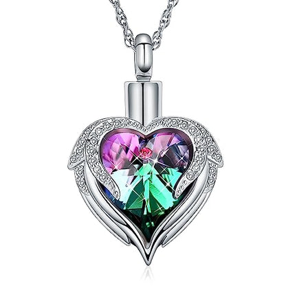 shajwo Angel Wing Heart Urn Necklace for Ashes | Cremation Jewelry, For Women, Memorial, Human Pet Ashes Pendant - color: Silver-Purple Green