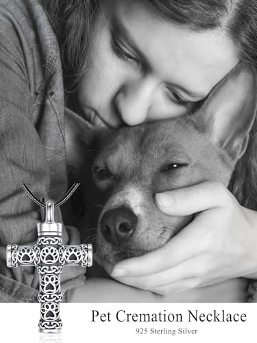 Dreamboat Pet Cremation Urn Necklaces for Dog Cat Ashes 925 Sterling Silver Paw Print Keepsake Pendant Memorial Jewelry Gifts for Women Men - style: 01E-Corss Vial