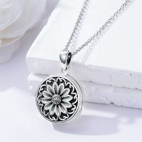 Round Locket Necklace 925 Sterling Silver Filigree/Flower Locket Necklace That Holds Pictures Birthday Christmas Jewelry Gifts for Women - color: 07-Sunflower Locket
