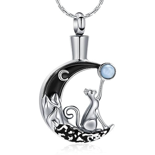constantlife Cat Moon Urn Necklace for Women Pet Cremation Jewelry for Ashes Stainless Steel Pendant Funeral Keepsake Loved Ones Memorial Gift - color: Silver