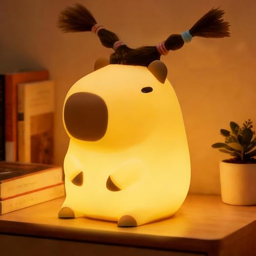 FAMIDUO Cute Capybara Night Light, DIY Hairstyle & Squishy Silicone Lamp | Rechargeable Tap-Control Bedside Lamp,Soft Squishy Silicone Nursery Light for Boys & Girls,Cute Room Decor,Funny Xmas Gift - color: Capybara with Hair