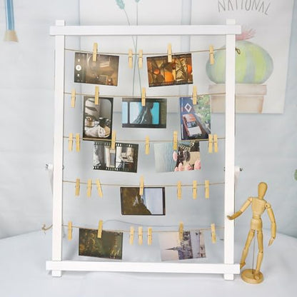 FramePro Wood Photo Display Board with Clips (White) | Freestanding stable desktop frame, holds up to 30 photos, ideal graduation table centerpiece decor - color: White