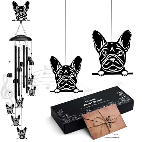 Bulldog Wind Chimes for Outside/Indoors, Bulldog Gifts for Women Mom Grandma, Aluminum Tubes Windchimes S Hook, 37" Wind Chime Hanging Decor for Home Patio Garden Porch Yard (Black-Bulldog) - color: Black-bulldog