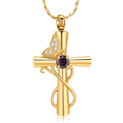 Imrsanl Butterfly Cremation Jewelry Cross Urn Necklace for Ashes | Ashes Holder Keepsake, Human Pet Funeral Memorial Pendant, For Women, In Memory of a Beloved - color: Gold-Purple