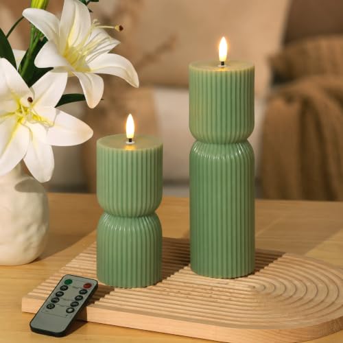 JOIONE Ribbed Green LED Flameless Candles 2 Pack with Remote | Ribbed LED Candles with Flickering Glow, Remote Control, Battery Operated, Perfect Mood Lighting for Home Decor - color: Sage Green