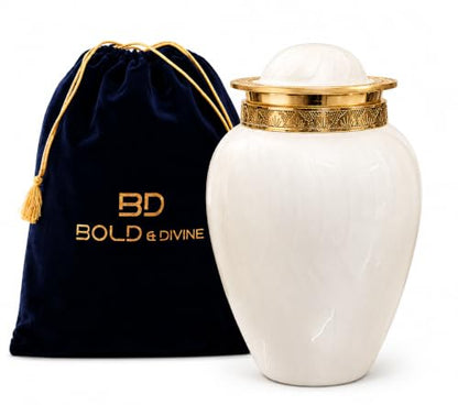 BOLD & DIVINE Pearl White Cremation Urn | Human Ashes Adult Memorial urn, Burial, Funeral Cremation Urns | 200 Cubic Inches (Large/Adult) with Velvet Bag