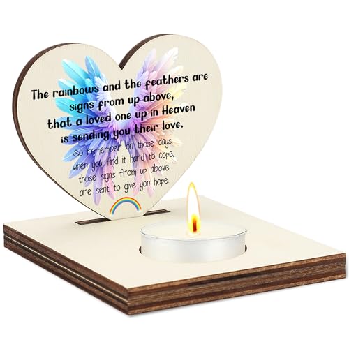 Rainbow Feather Memorial Candle Holder, Wooden Heart Tea Light Stand, Sympathy Bereavement Gift for Loss of Loved One, Heaven Signs Remembrance Home Décor Keepsake, in Memory Candle Display, CCA735 - color: Beige - Signs from Up Above