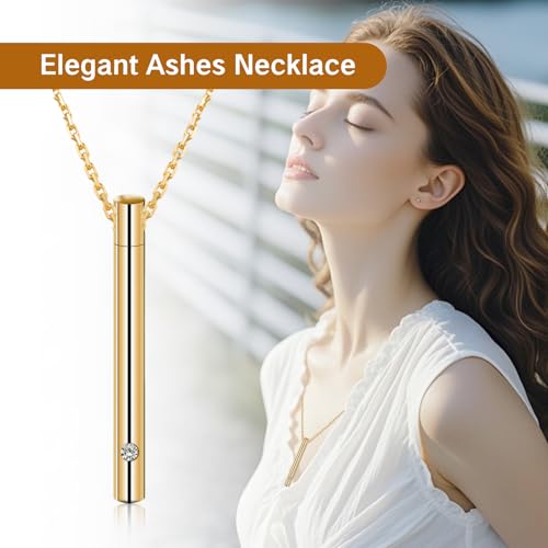 Necklace for Ashes Stainless Steel Cremation Jewelry Pendant with Crystal Small Ash of Loved One Gold Urn Necklaces for Women Men Cremated Charm for Memorial