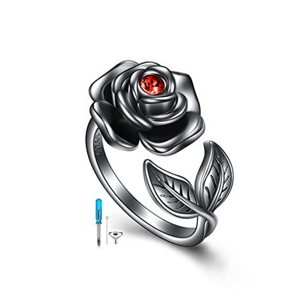 AOBOCO Sterling Silver Rose Ring Urn for Loved One Ashes Black Goth Rose Jewelry - size: 8-9, style: Black Rose Urn