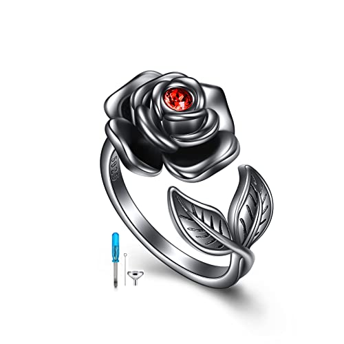 AOBOCO Sterling Silver Rose Ring Urn for Loved One Ashes Black Goth Rose Jewelry - size: 6-7, style: Black Rose Urn