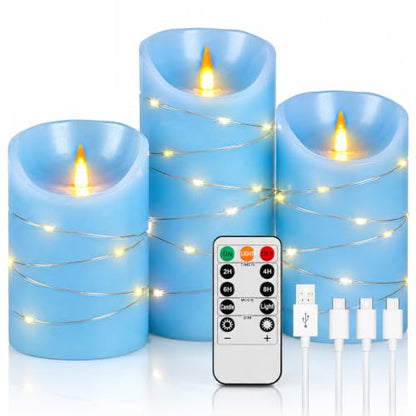 Rechargeable LED Candles, Real Wax, 4 5 6 in, Sky Blue, 3 Pack | USB Rechargeable Real Wax Candles with Remote, Timer and Star Lights - color: Blue