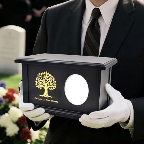 Cremation Urn Adult Human Ashes, Wood Tree of Life Box with Photo Frame | Holds up to 250 lbs, Wooden Urns Box and Casket for Men Women, Black, Dimensions: 10.83"L x 6.89"W x 6.3"H