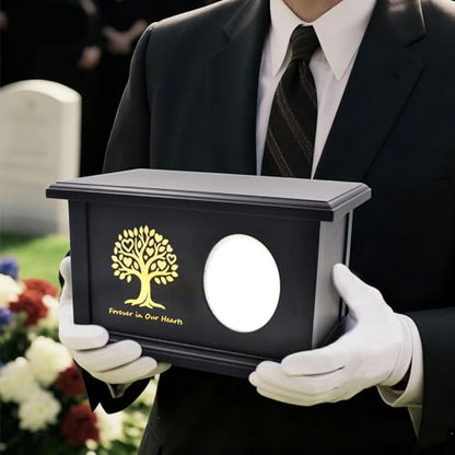 Cremation Urn Adult Human Ashes, Wood Tree of Life Box with Photo Frame | Holds up to 250 lbs, Wooden Urns Box and Casket for Men Women, Black, Dimensions: 10.83"L x 6.89"W x 6.3"H