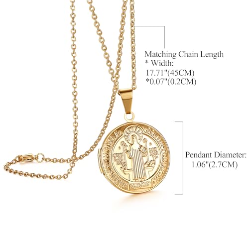 Bible Locket Cross Photo Necklace That Holds Pictures for Men Women | Stainless Steel Openable Keepsake Personalized Faith Gifts for Birthday Anniversary Christmas Memorial Day, 17.7 Inch Chain - color: gold-Saint Benedict