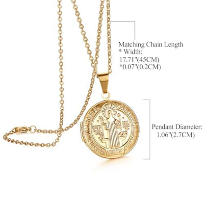 Bible Locket Cross Photo Necklace That Holds Pictures for Men Women | Stainless Steel Openable Keepsake Personalized Faith Gifts for Birthday Anniversary Christmas Memorial Day, 17.7 Inch Chain - color: gold-Saint Benedict