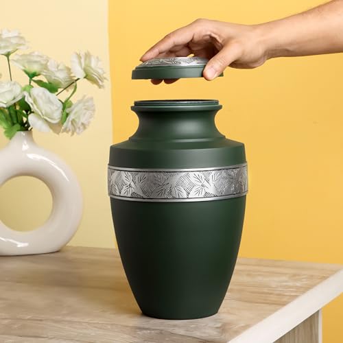 CLEENTABLE Cremation Urn for Human Ashes, Hand Carved Green Metal - color: Green & Silver, size: Hand-Etched Leaf - 7x11"
