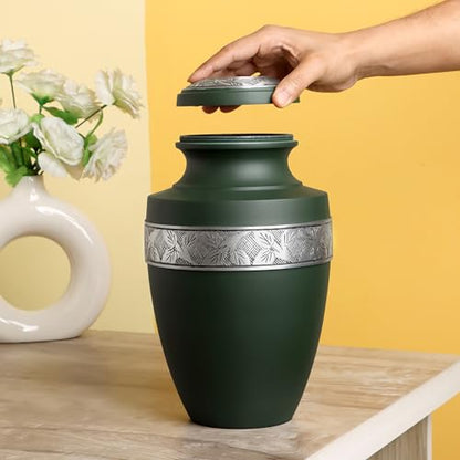 CLEENTABLE Cremation Urn for Human Ashes, Hand Carved Green Metal - color: Green & Silver, size: Hand-Etched Leaf - 7x11"