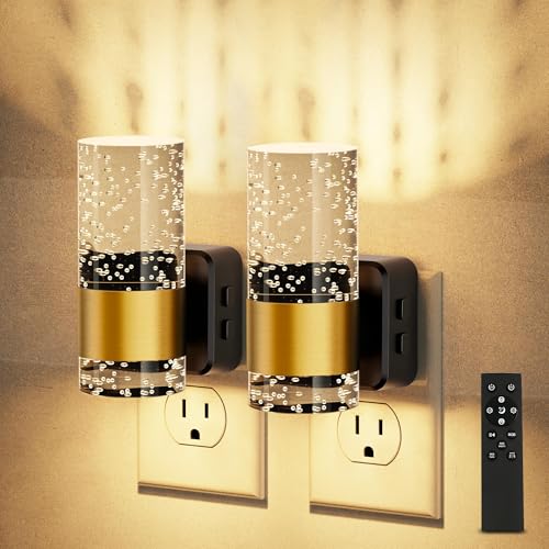 JandCase Night Lights Plug into Wall, 2 Pack Color Changing Night Light | Kids with 1 Remote Control, 3000K+RGB LED Nightlight with Light Sensor, 10/50/100LM Adjustable for Rooms Home Decor - color: Gold-RGB-Remote Control, size: 2 Pack
