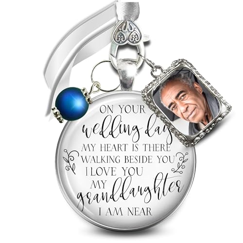 Gutsy Goodness Bouquet Charm On Your Wedding Day Memorial Honoring Mom Dad Grandma Grandpa Meaningful Bridal Floral Jewelry Silver Finish Pendant Bride's Flowers Photo Frames Parent Grandparent - color: Blue Bead, style: My Granddaughter | 1 Frame