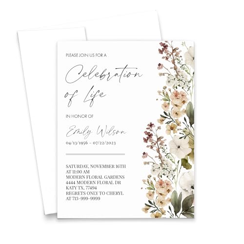 Custom Celebration of Life Invitations For Death, FLAT Personalized Funeral Invitation With Border, Memorial Service Invitation Card Floral, Funeral Invites, Your Choice of Quantity and Envelope Color - color: Neutral Florals