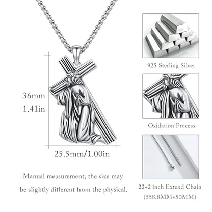 Crucifix Necklace for Men 925 Sterling Silver Jesus Cross Necklace Crucifix Cross Pendant Protection Jewelry for Men Women - style: B04-Carrying Cross-Kneeling