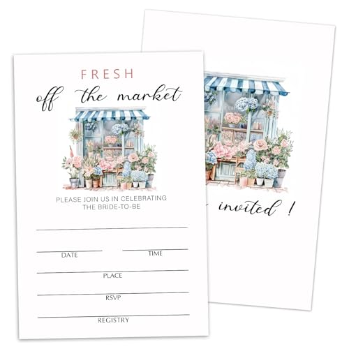 WwongxianB Bridal Shower Invitations with Envelopes, Fresh Off The Market, 25 Fill In Florist Themed Invites for Mr and Mrs New Couples, Wedding & Bridal Shower Party Favor Decorations -N18 - color: white, pink